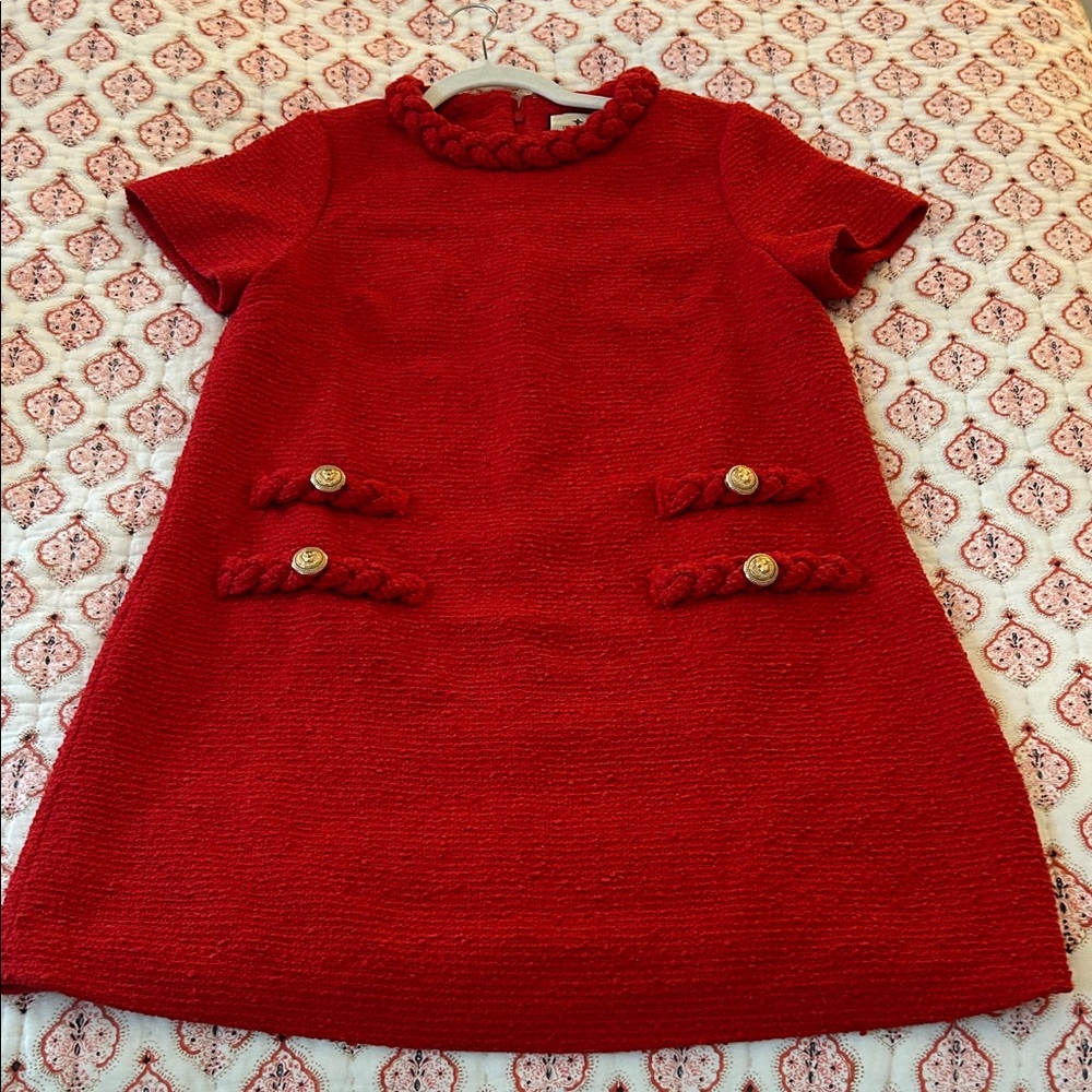 Tuckernuck Red Short-Sleeve Braided-Trim Knit Dress with Gold Buttons